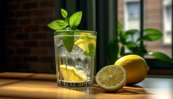 fresco limonada, uma refrescante verão coquetel com citrino e hortelã gerado de ai foto