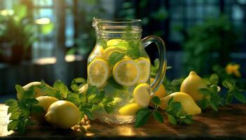 fresco limonada em uma de madeira mesa, natureza refrescante verão beber gerado de ai foto