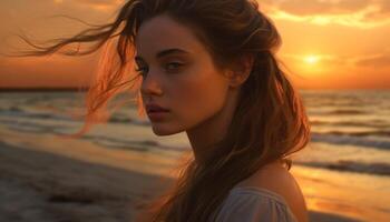 jovem mulher desfrutando a pôr do sol em uma arenoso de praia gerado de ai foto