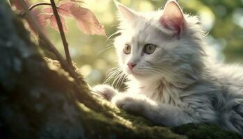 fofa gatinho sentado em grama, olhando às Câmera de brincadeira gerado de ai foto