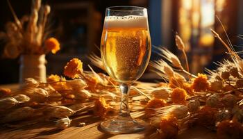 celebração mesa com vinho, champanhe, e Cerveja óculos dentro outono gerado de ai foto