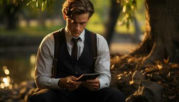 uma jovem homem de negocios sentado ao ar livre, segurando uma inteligente telefone, mensagens de texto gerado de ai foto