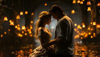jovem casal desfrutando uma romântico noite, dançando debaixo iluminado fogo gerado de ai foto