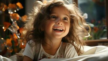 sorridente criança, fofa e alegre, traz felicidade para família celebração gerado de ai foto