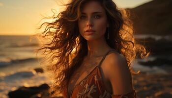 jovem mulher com grandes Castanho cabelo, em pé ao ar livre, desfrutando a pôr do sol gerado de ai foto