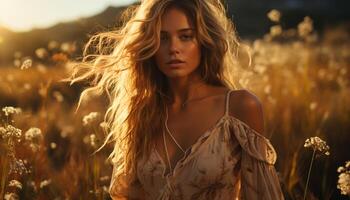 jovem mulher desfrutando a beleza do natureza dentro uma verão Prado gerado de ai foto