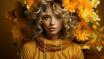 uma lindo jovem mulher com loiro cabelo dentro outono moda gerado de ai foto