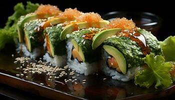 frescor e gourmet frutos do mar refeição, fechar acima do enrolado acima maki Sushi gerado de ai foto