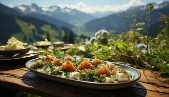 fresco, saudável salada em de madeira placa, perfeito para ao ar livre piquenique gerado de ai foto