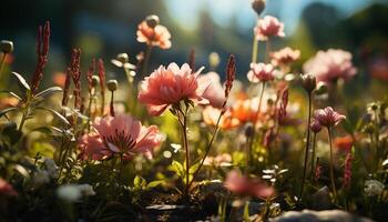 uma vibrante Prado do flores silvestres flores dentro a verão Sol gerado de ai foto