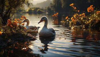 Pato e cisne nadar pacificamente dentro a tranquilo lagoa água gerado de ai foto