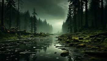 tranquilo cena do uma nebuloso outono floresta com misterioso beleza gerado de ai foto