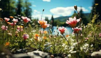 uma vibrante Prado do flores silvestres flores debaixo a verão Sol gerado de ai foto