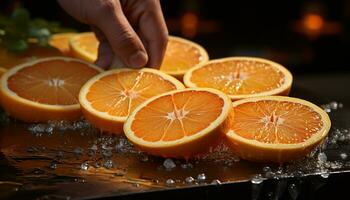 frescor e vibração dentro uma suculento, maduro citrino fruta fatia gerado de ai foto