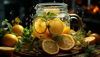 fresco limão fatia em de madeira mesa, uma refrescante verão beber gerado de ai foto