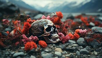 assustador outono ao ar livre, morto flor em Sombrio montanha fundo gerado de ai foto