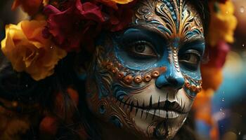 uma lindo mulher dentro uma colorida mascarar comemora dia das Bruxas gerado de ai foto