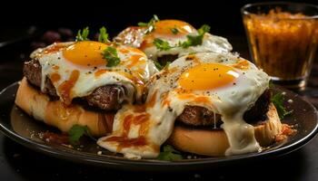 grelhado carne em placa, fresco pão, pouco saudável Hamburger lanche gerado de ai foto