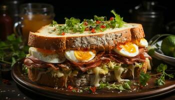 grelhado carne sanduíche, fresco vegetais, saudável caseiro almoço em prato gerado de ai foto