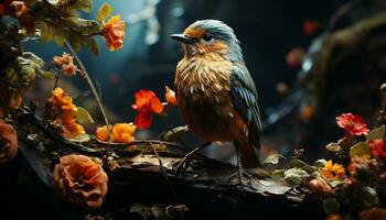 uma fofa pássaro empoleirar-se em uma filial, cercado de amarelo flores gerado de ai foto