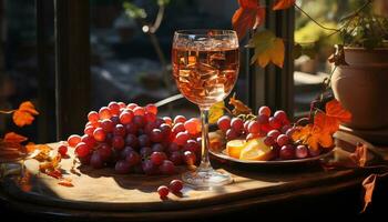 fresco outono fruta em rústico mesa, copo de vinho preenchidas com vinho gerado de ai foto