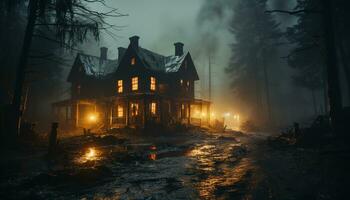 assustador noite, Horror dentro abandonado cabana, nebuloso floresta mistério gerado de ai foto
