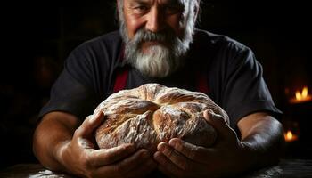 uma maduro homem, com uma barba, detém uma fresco pão gerado de ai foto