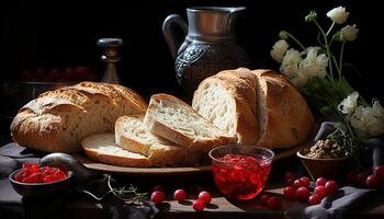 frescor do gourmet pão e vinho em rústico de madeira mesa gerado de ai foto