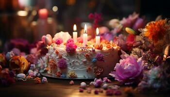 doce comida, fresco flor, chocolate vela, Casamento decoração, aniversário celebração gerado de ai foto