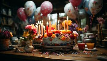 aniversário celebração bolo, velas, decorações, sobremesa, festa, diversão, alegria gerado de ai foto