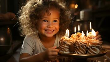 fofa menina sorridente, desfrutando aniversário bolo, cercado de alegre família gerado de ai foto