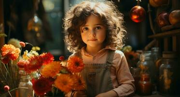 sorridente caucasiano menina segurando flor, dentro de casa, olhando às Câmera gerado de ai foto