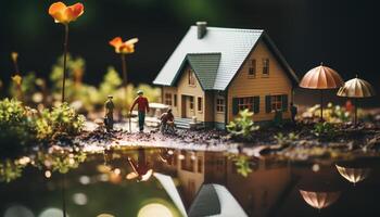 uma pequeno brinquedo chalé reflete a alegre verão pôr do sol ao ar livre gerado de ai foto