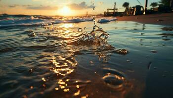 pôr do sol sobre a água, ondas refletindo a beleza do natureza gerado de ai foto