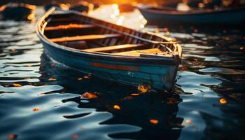 pôr do sol sobre tranquilo lago, velho barco a remo reflete náutico beleza gerado de ai foto