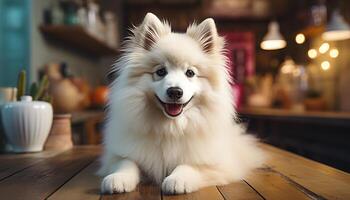 fofa cachorro sentado em mesa, olhando às Câmera, brincalhão gerado de ai foto