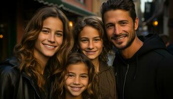 uma feliz família abraçando, sorridente, e olhando às a Câmera gerado de ai foto