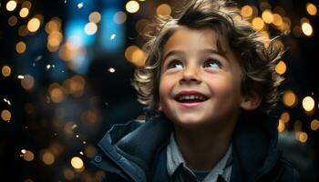 alegre criança, iluminado de Natal luzes, goza inverno noite gerado de ai foto