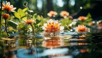 uma lindo amarelo flor reflete dentro uma tranquilo lagoa gerado de ai foto