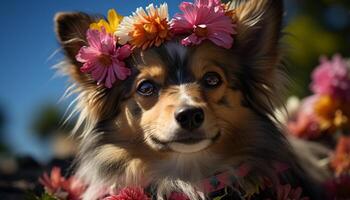 fofa cachorro sentado ao ar livre, cercado de flores, brincalhão e fofo gerado de ai foto