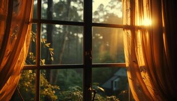 pôr do sol sobre a floresta, natureza beleza através a janela gerado de ai foto