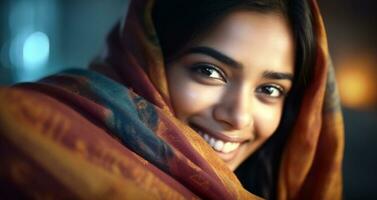 uma jovem mulher, sorridente, olhando às Câmera, exalando confiança e beleza gerado de ai foto