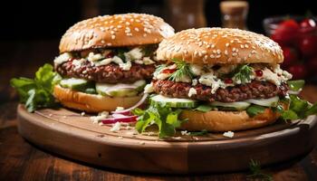 grelhado gourmet hamburguer em de madeira mesa, fresco, caseiro, delicioso gerado de ai foto