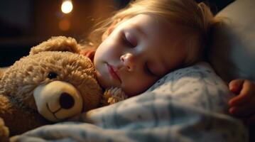 fofa criança dormindo com Urso de pelúcia Urso dentro confortável quarto gerado de ai foto