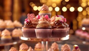 uma gourmet cozido Bolinho com chocolate glacê, uma doce indulgência gerado de ai foto