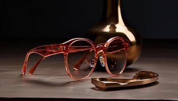 elegante óculos reflete velho formado romance em mesa gerado de ai foto