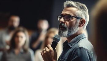 barbudo músico canta em estágio, público Felicidades gerado de ai foto