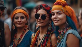 jovem adultos sorridente, olhando às Câmera, desfrutando música festival juntos gerado de ai foto