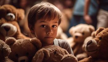 fofa Rapazes jogando com fofo Urso de pelúcia urso, desfrutando infância Diversão gerado de ai foto