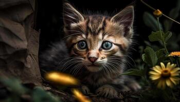 fofo gatinho sentado dentro grama, encarando curiosamente gerado de ai foto